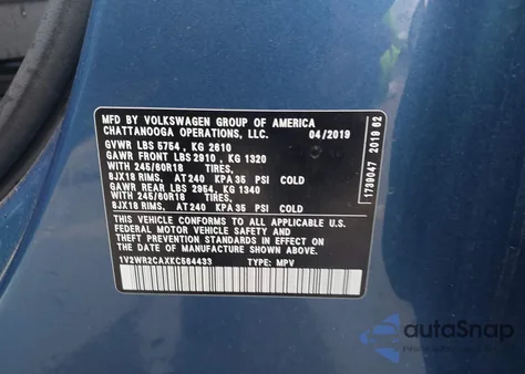 2019 Volkswagen Atlas 3.6L V6 Se W/Technology from USA, damaged, VIN 1V2WR2CAXKC564433